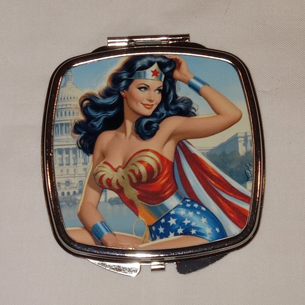 Handmade Wonder Woman Stainless Steel Compact Pocket Mirror Square